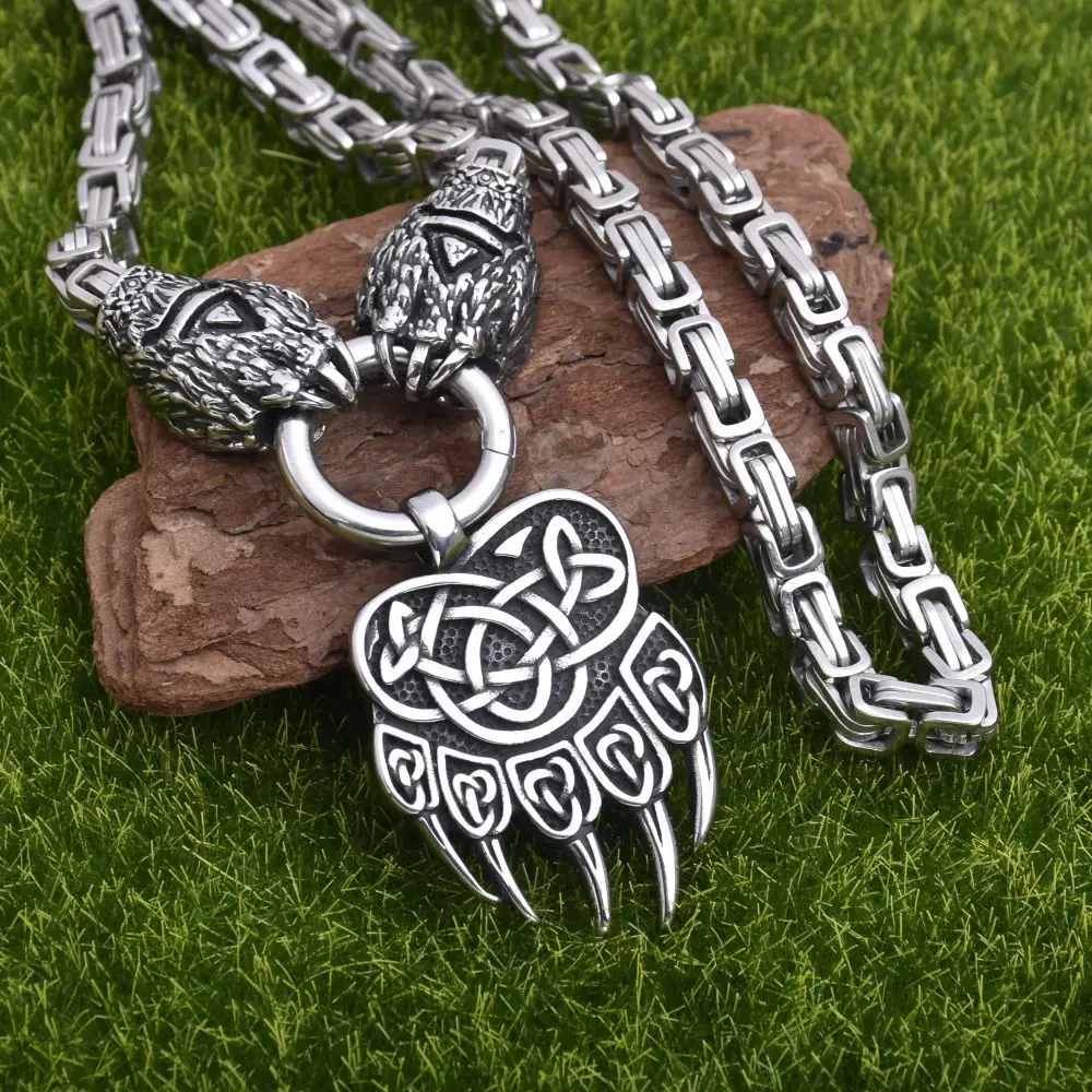 Viking Bear Paw Celtic Knot Pendant Necklace 316L Stainless Steel Wolf Head Byzantine Chain Nordic Amulet Men Necklace
