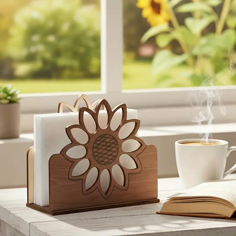 Sophisticated Sunflower Design Wooden Napkin Holder Perfect for Dining Room Use