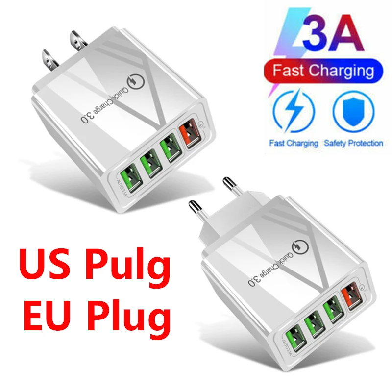 EU/US/UK Plug 4-Port USB Charger 3.1A Multi-Port Fast Charger QC3.0 Travel Portable Mobile Phone Charger Travel Charger 5/9/12V