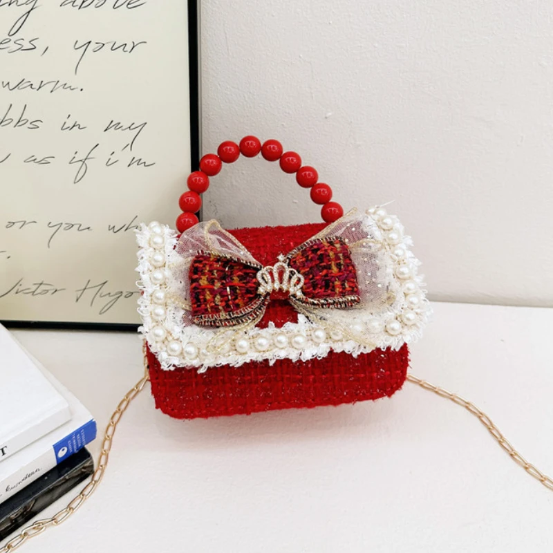 Cute Crown Bowknot Baby Girls Red Crossbody Bags Pearl Handle Children's Small Shoulder Bag Plaid Princess Clutch Purse Handbags