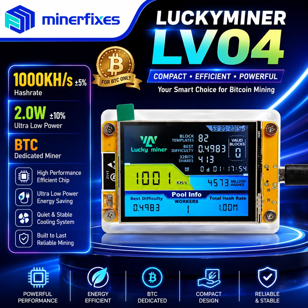 Lucky Miner LV04 Bitcoin Usbminer V2 2.8 Inch Solo Miner 1000KH/s 2W Home BTC Mini Crypto Miner  Plug & Play Low Power Machine