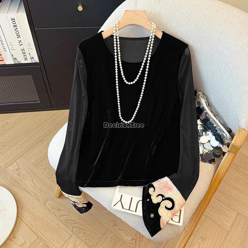 قميص بدلة تانغ ذو ياقة مستديرة مطرز على الطراز الوطني الصيني الجديد لعام 2025 بأكمام طويلة للنساء بطبقة قاعدة كلاسيكية t01