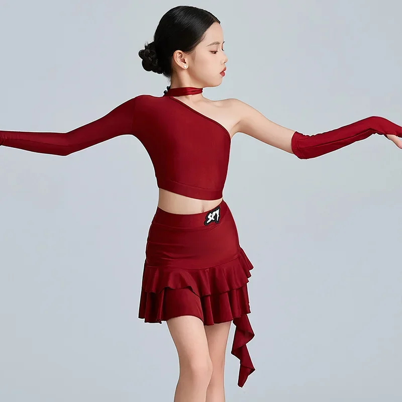 

Girls Latin Dance Clothes Red Brown Suit Cha Cha Rumba Samba Training Tops Skirt Practice Clothing Kids Dance Dress