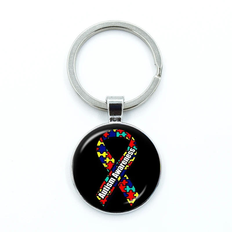 Autism Awareness Keychain Glass Cabochon KeyRing Bag Car Key Chain Ring Holder Charms Jewelry Gifts