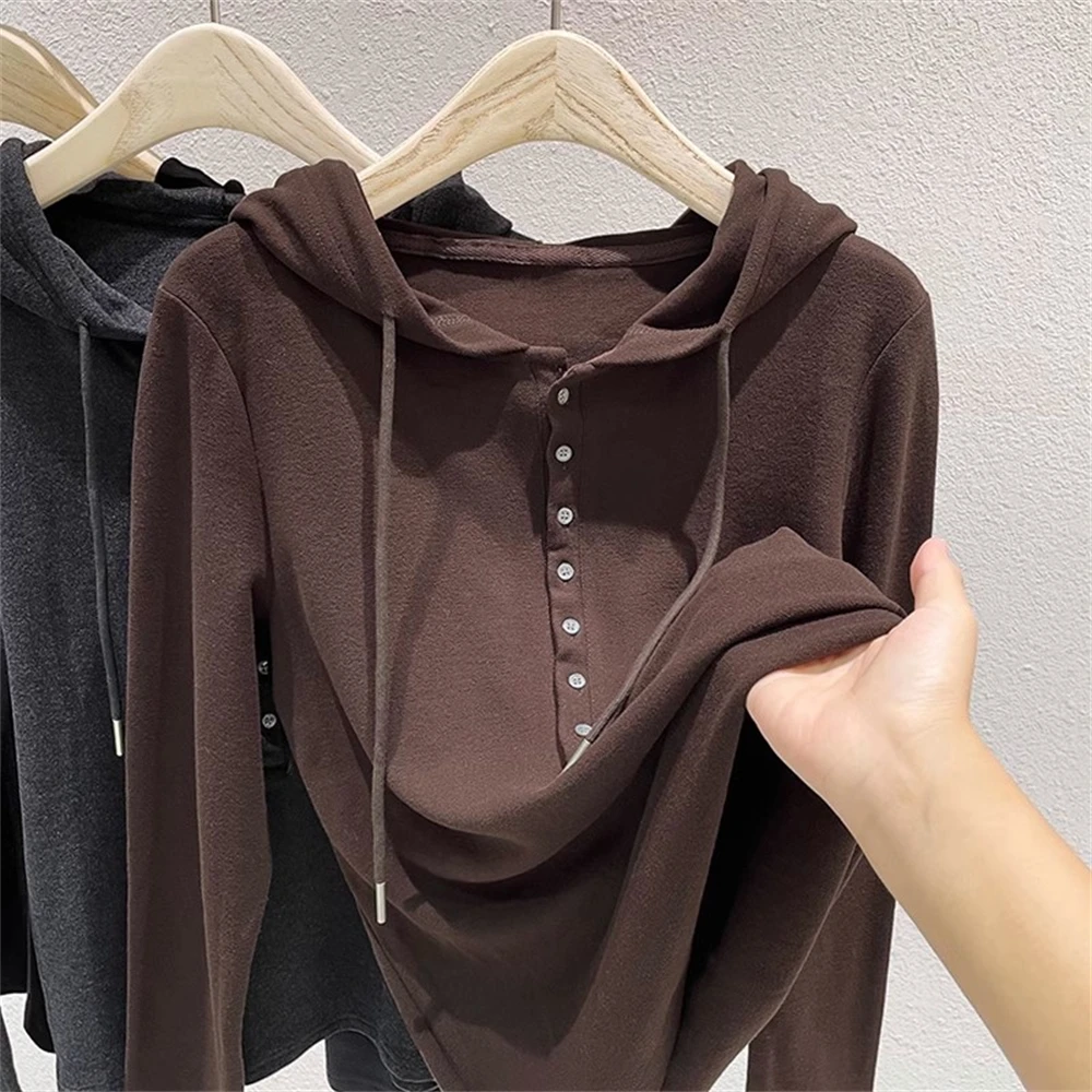 Women Soft Waxy Double-sided Fleece Hooded Long Sleeve Plus Velvet Warm Bottoming Shirt Autumn Winter Chic T-shirt All-match Top