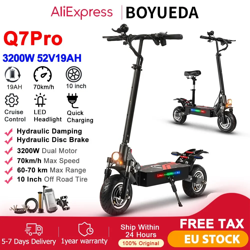 

Электрический самокат для взрослых BOYUEDA Q7Pro, 3200 Вт, двойной двигатель, максимальная скорость 70 км/ч, 52 В, 19 Ач, 10 дюймов, всесезонные бесшумные шины, складной электронный самокат