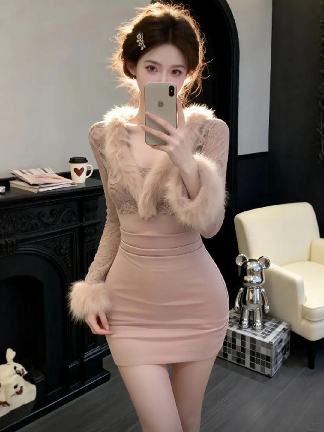 

Pure Desire Sexy Lace Splice Slim Fit ort Skirt Dr High Waist Cotton Spring Busin Casual H-ape V-Ne Long Sve