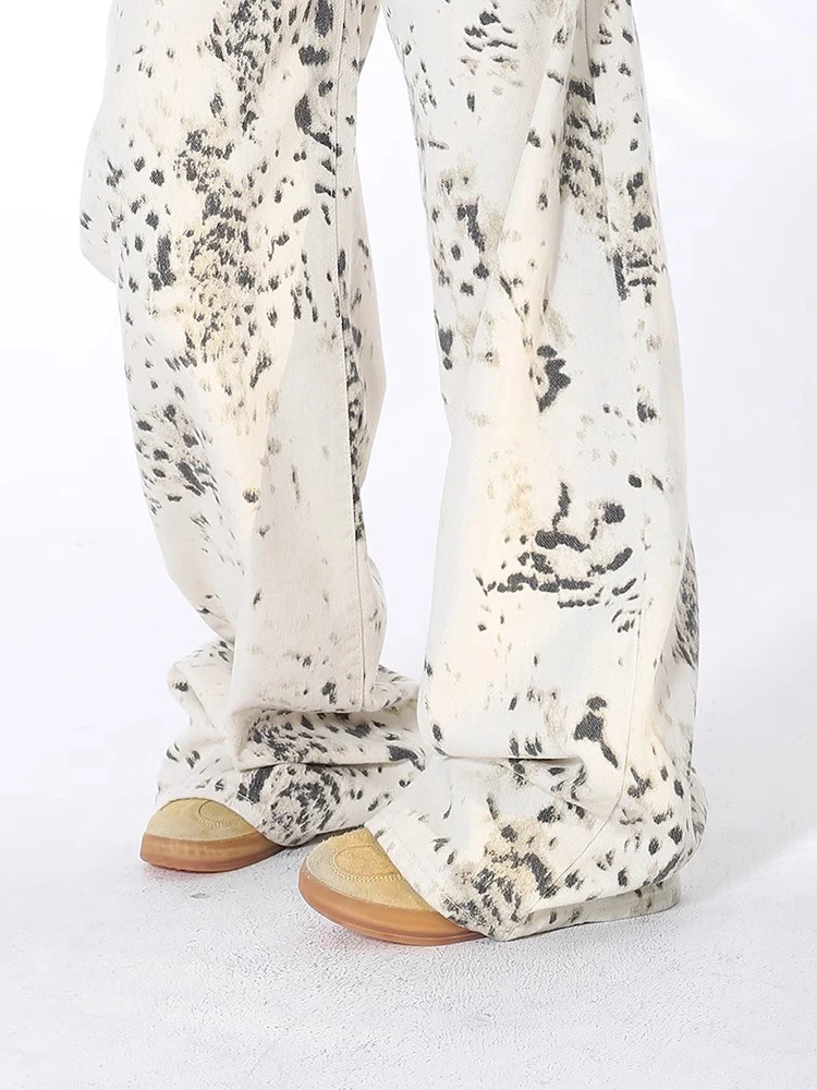 Frauen Vintage Hohe Taille Gerade Jeans Herbst Neue High Street Leopard Print Baggy Hosen Mode Breite Bein Denim Hosen