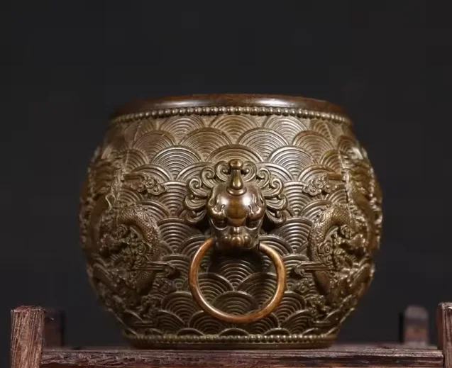 Pure Copper Double Dragon Playing with Pearl Double Ring Lion Head Dragon Pattern Vase Home Desktop Ornament Collection