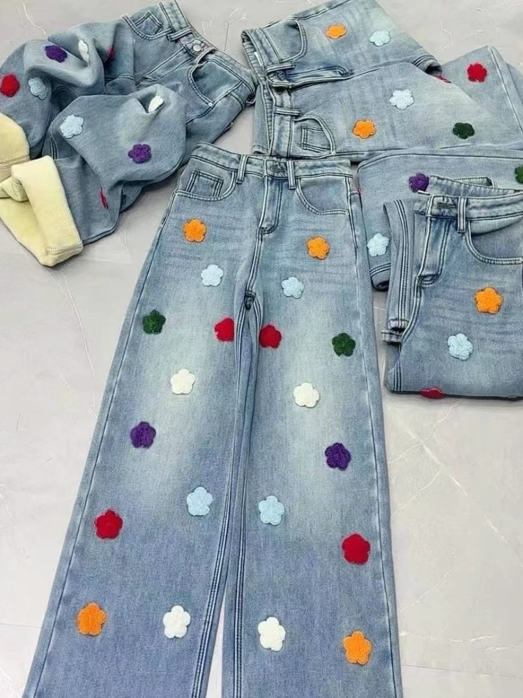 Winter Fleece Jeans Women Fashion Casual Flower Embroidered Blue Wide Leg Pants High Waist Thick Warm Plus Size Denim Trousers