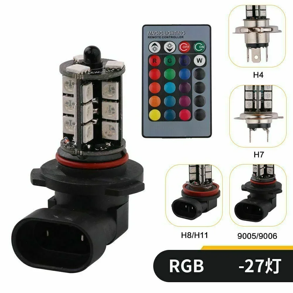 2X RGB H8/H11 H7 H4 Car LED Fog Lights Bulb 5050 27SMD Chips Color Changing Remote Contro Aotu Headlight Lamp With 12V 24V