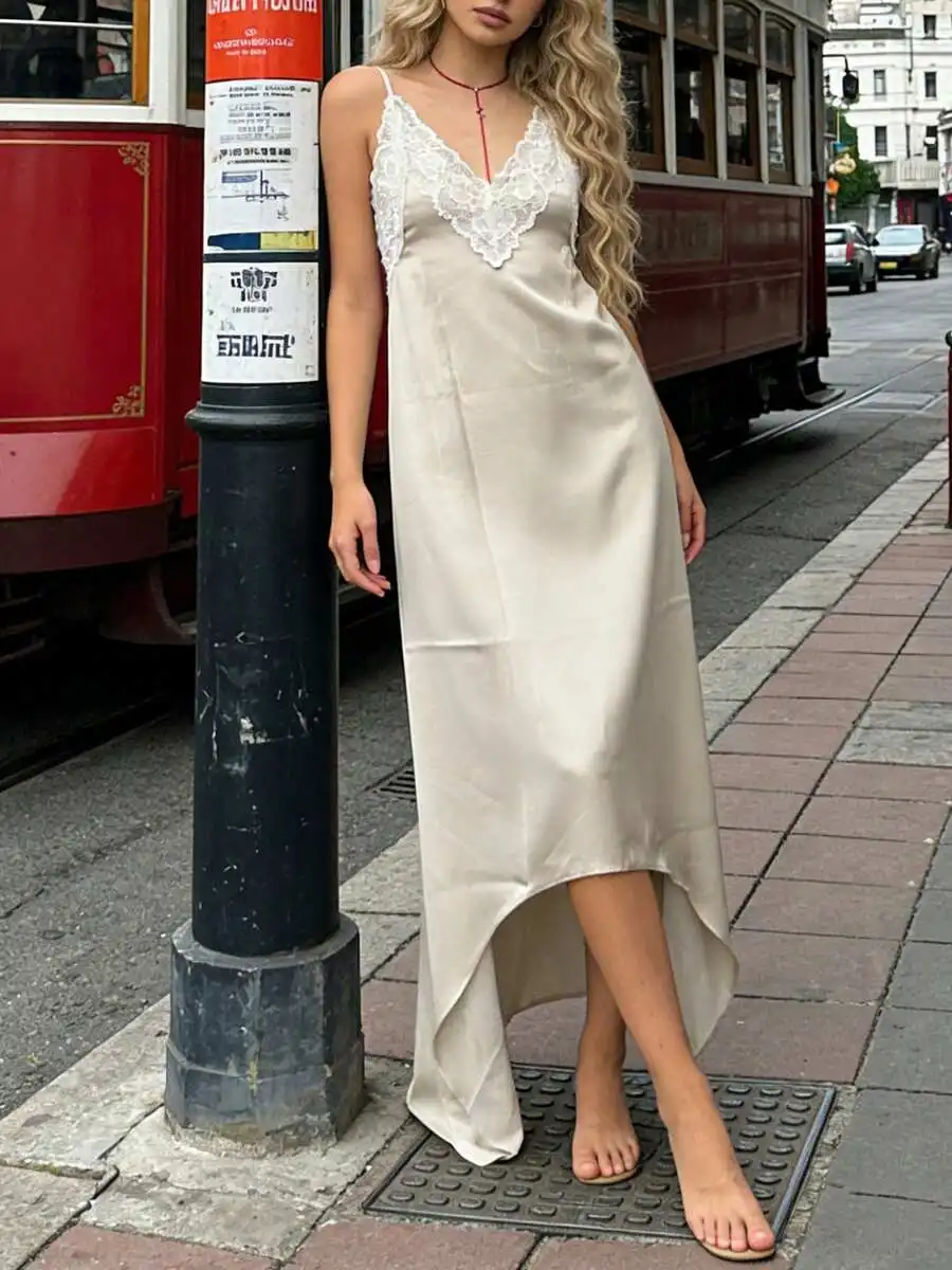 

Women Lace Satin V Neck Slip Dress Asymmetrical Hem Summer Elegant Nightgown