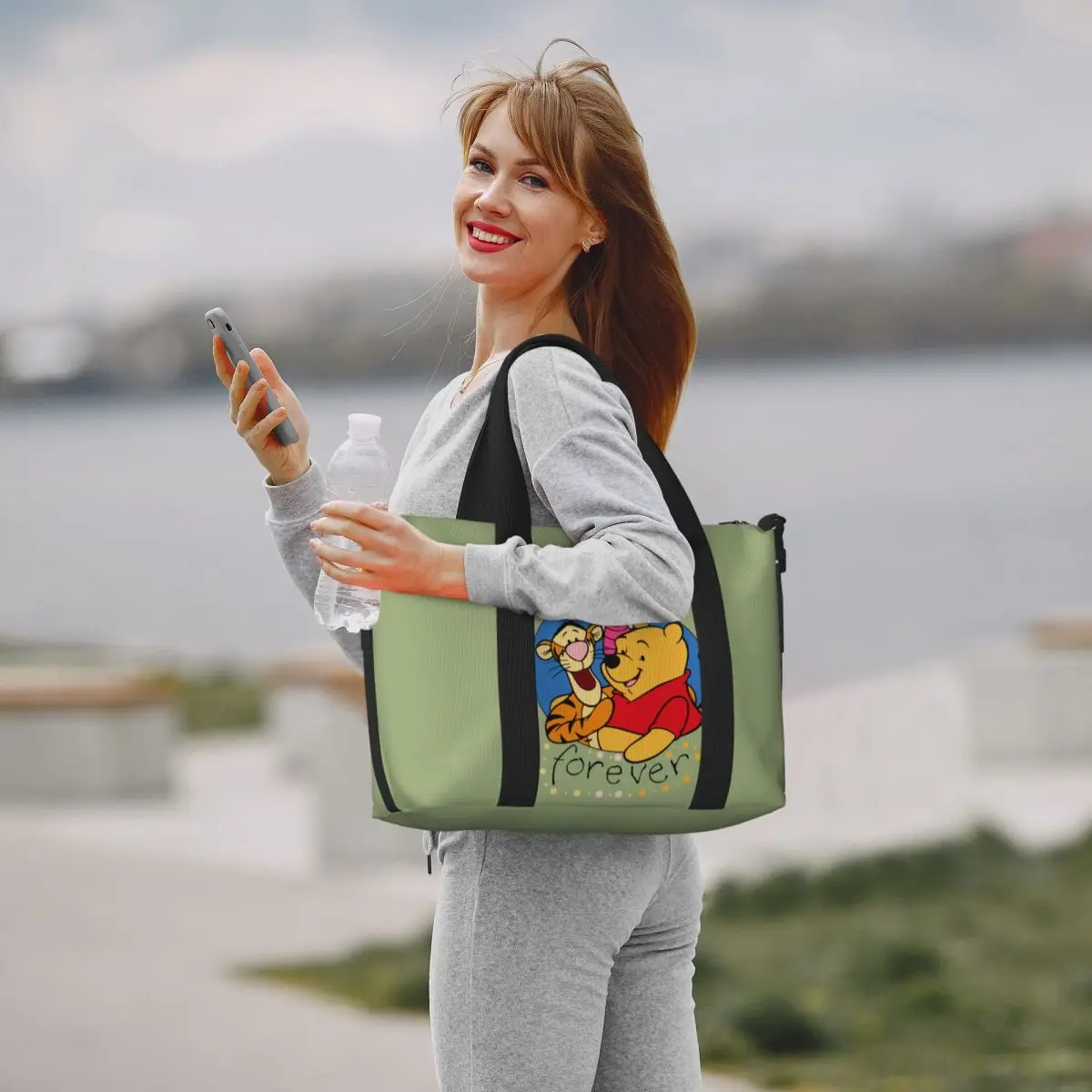 Custom Winnie Pooh Teddy Bear Beach Tote Bag for Women Large Compartment Beach Gym Travel Bags