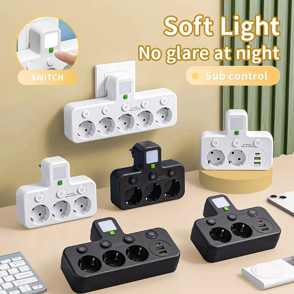 EU Plug Power Strip Outlets Multitap Wall Electrical Socket Charger No Extension Cord with 2 USB 1 Type-C Ports 2500W MAX Power