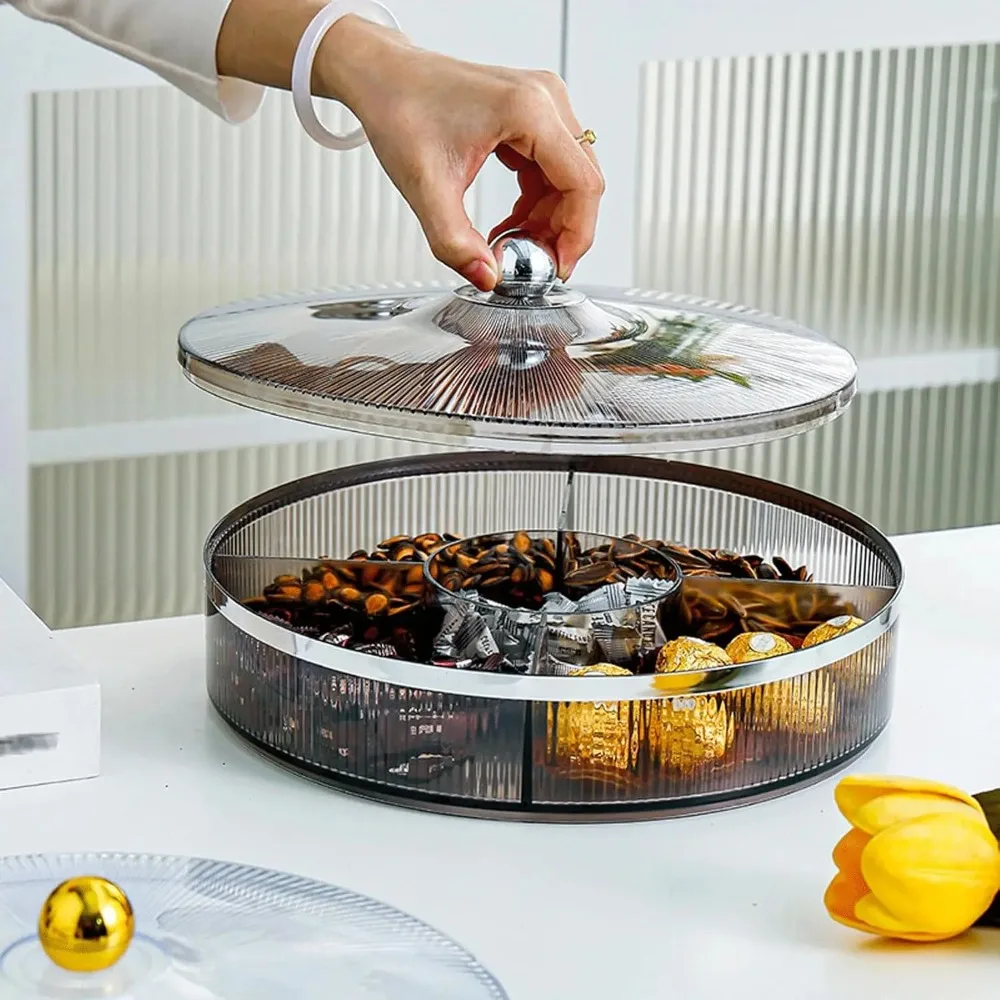 صينية الوجبات الخفيفة للفواكه المجففة، صينية تقديم مقسمة مع غطاء، طبق للوجبات الخفيفة من صينية الجوز القابلة للتكديس (اللون: كهرماني)