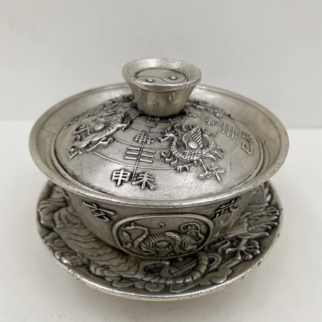 Chinese Elaboration,Tibet Silver Engrave Bowl“The Four Great Divine Beasts ”,Metal Crafts,Home Decoration,Free Delivery,Collect