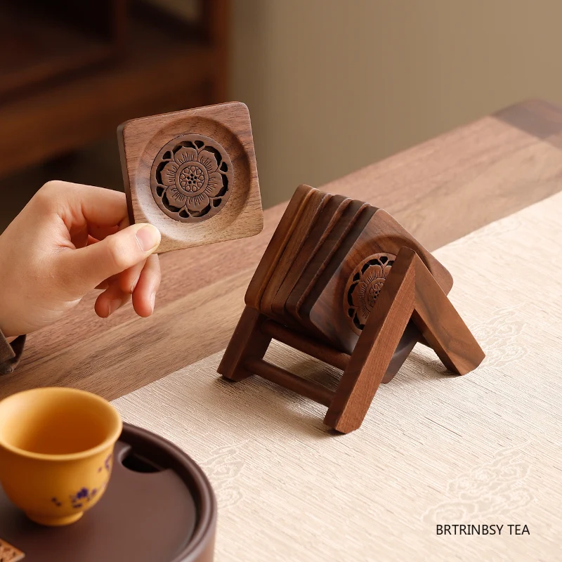 

1 Set Chinese Walnut Wood Tea Tray Storage Rack Household Carved Coaster Insulation Teapot Teacup Mat Teaware Accessories