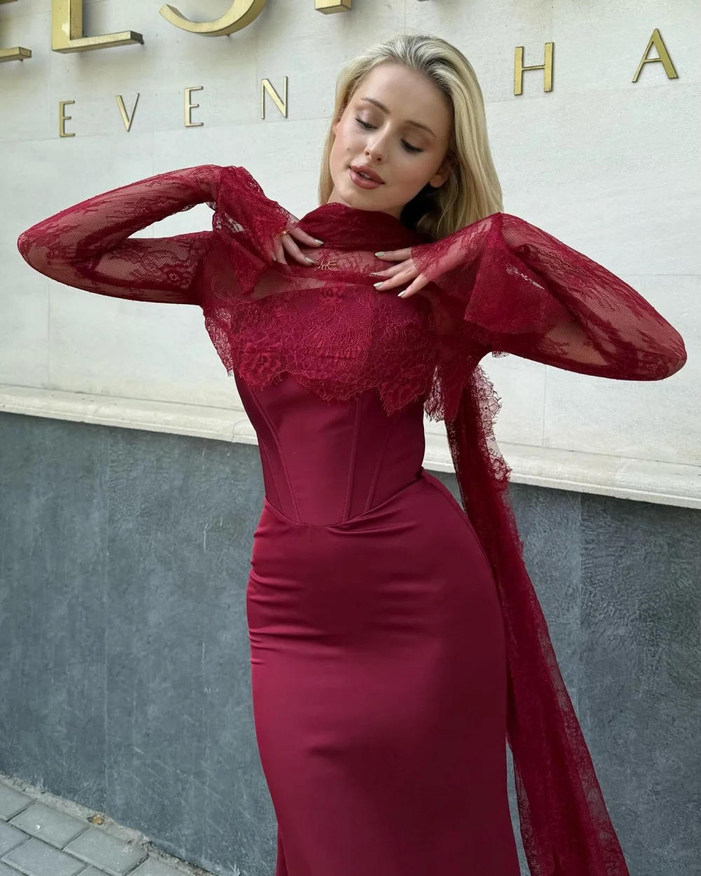 KyotoProm Bainha Sereia Renda Vestidos de Pescoço Alto Personalizado Manga Comprida Borgonhaفutanساتwshawl Vestido de Noite Até o Tornozelo