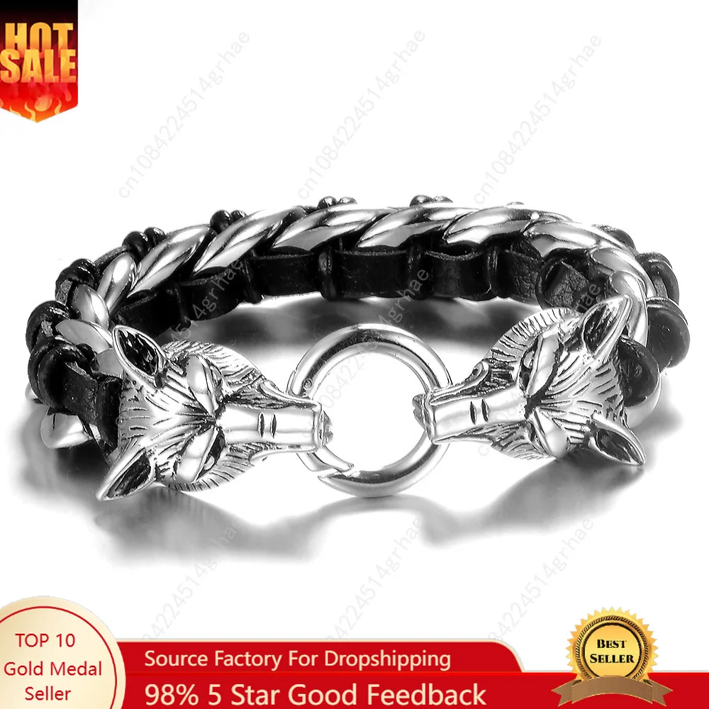 

Punk Rock gold silver color Man Jewelry 316L Stainless Steel With Genuine Leather Wrap Bracelet Men Cool Double Wolf Head Animal