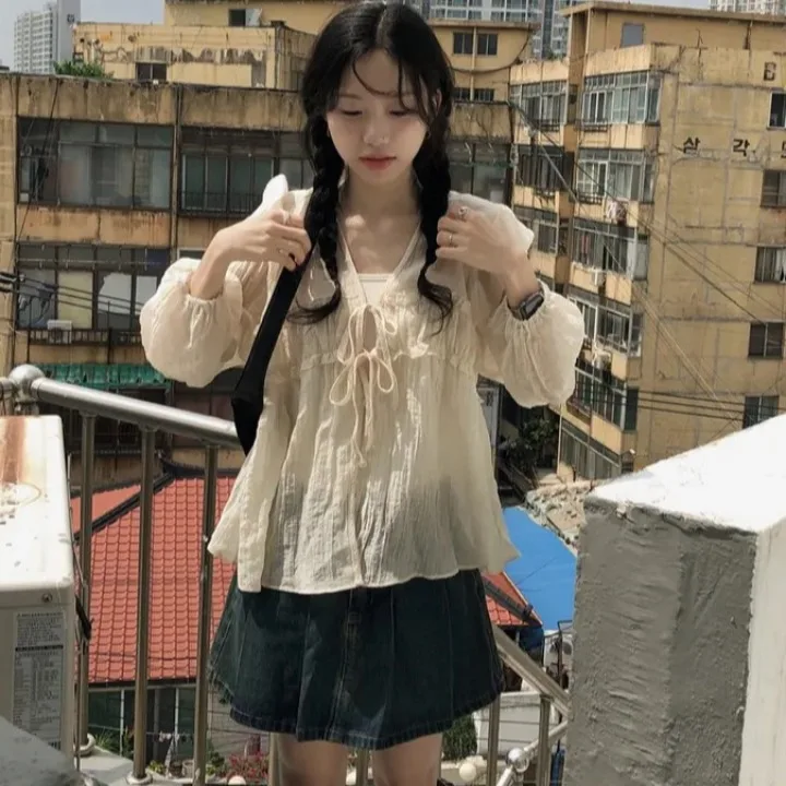 

Korean Style Pure Color Long Sleeve Shirt Women's Spring New Thin Sun Protection Cover up Top Breathable Skin-Friendly