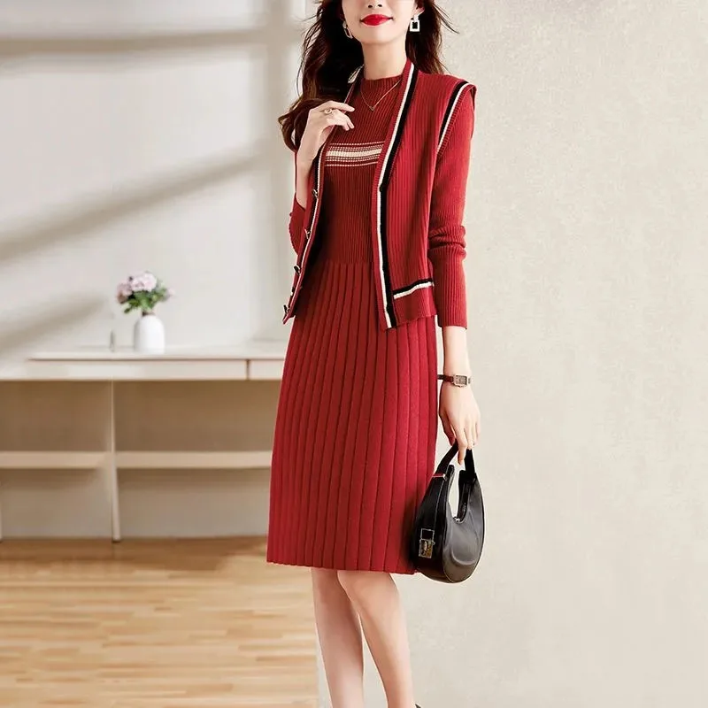 2024 Autumn And Winter New Style Two-Piece Suit Knitted Dress +Sleeveless Vest Loose Thin Temperament Over The Knee Sweater Suit