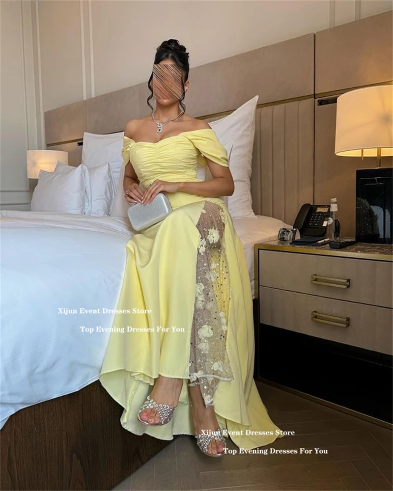 Xijun Yellow Luxury Mermaid Evening Dresses Saudi Arabric Flowers Beading Prom Dress  Off The Shoulder Long Prom Gown Customized image 2