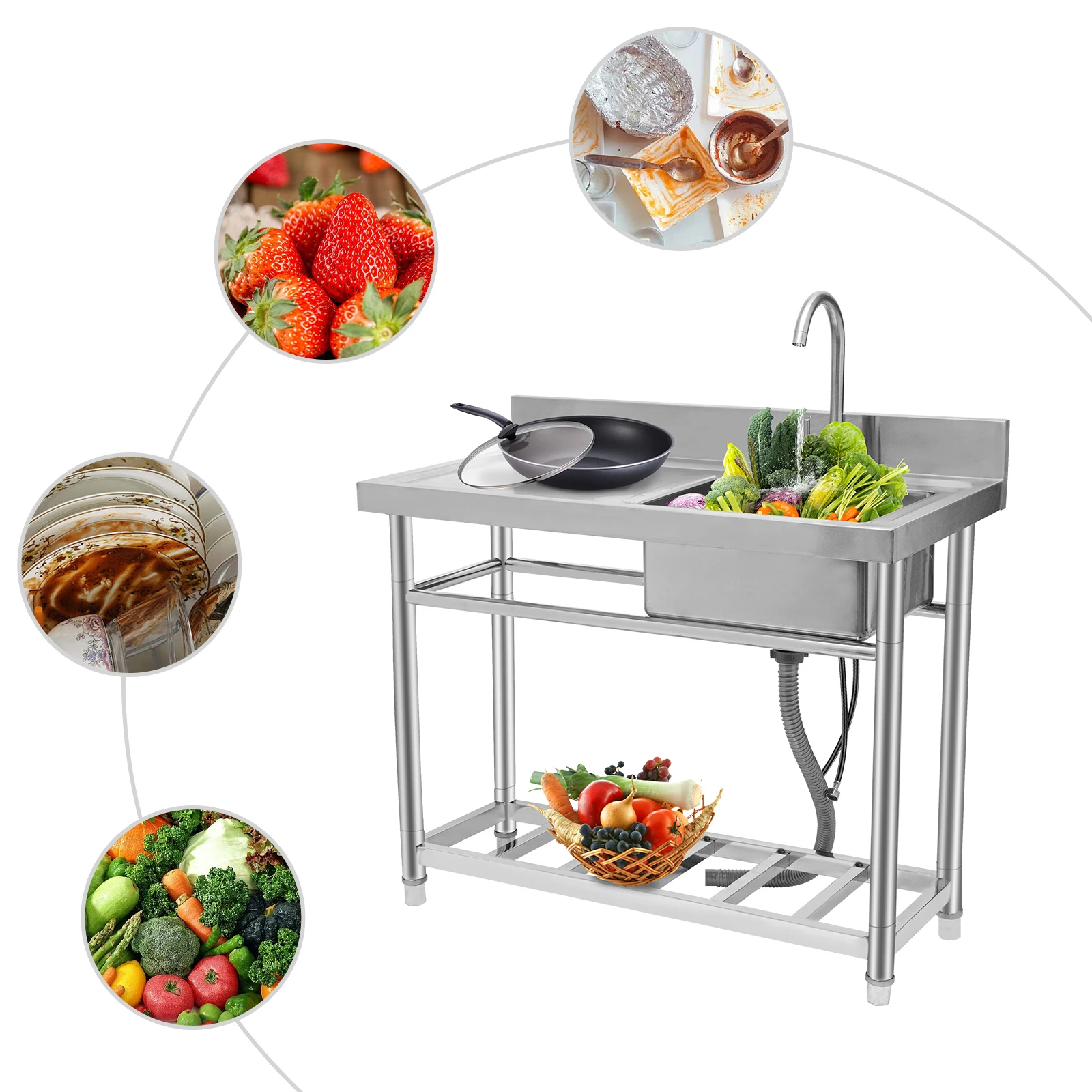 

Stainless Steel 100*50*90cm Free Standing Kitchen Sink silver adjustable Commercial Restaurant Kitchen Sink Suspended Bottom