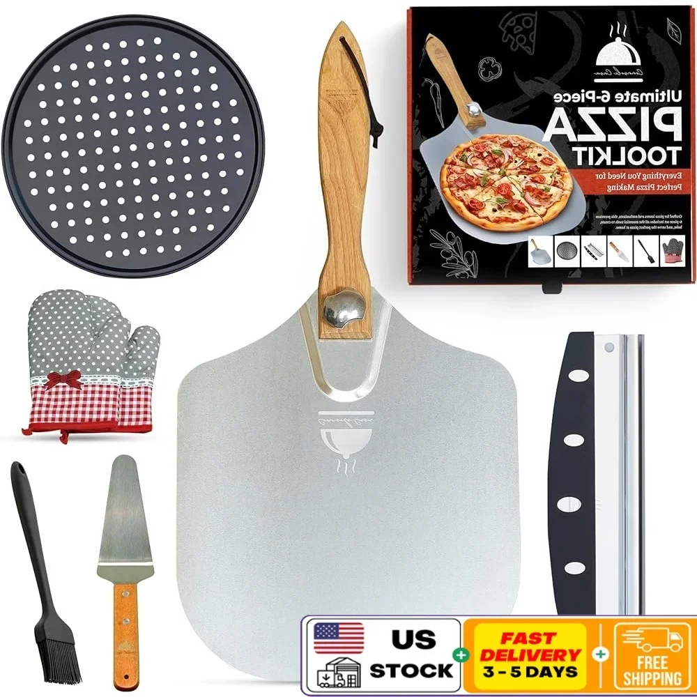 

6pc Pizza Oven Accessories Set Pizza Peel Perforated Pizza Pan Pizza Cutter Rocker Blade Server Basting Brush Heat Resistant