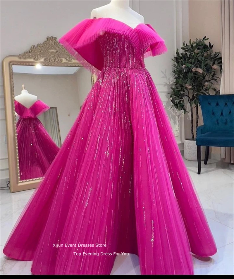 Xijun abiti da ballo in Tulle fucsia abiti da sera formali perline Arabia saudita a-line abito da ballo lunghezza pavimento Gogerous 2023 donne