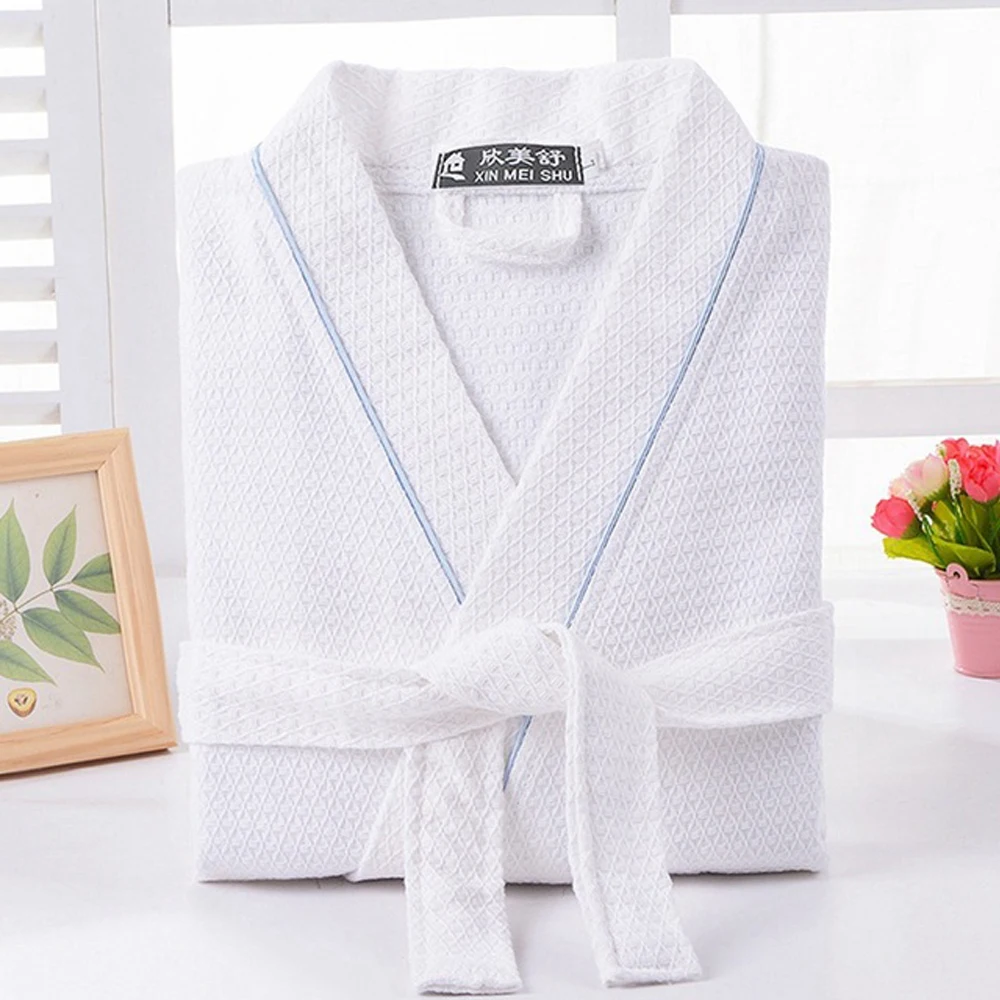 Women Summer Long Bride Bathrobe Sleeve Waffle 100% Cotton Sleep Lounge Robes Kimono Suck Water Night Wear Gown Men Sleepwear