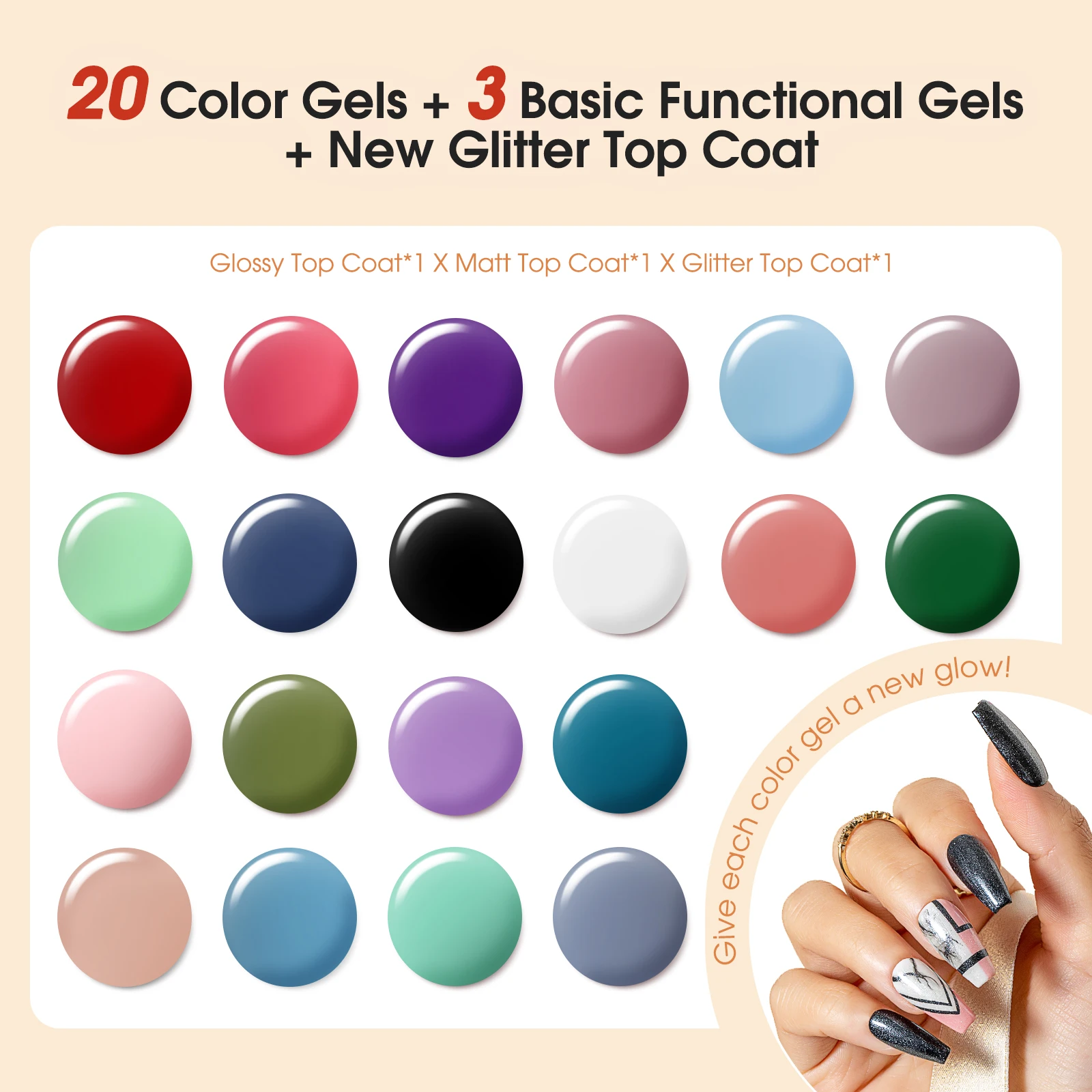 Rosalind 20 Classic Gel Nails Colors Mini Kit de esmalte em gel com luz UV, base e revestimento superior em gel brilhante fosco com ferramenta