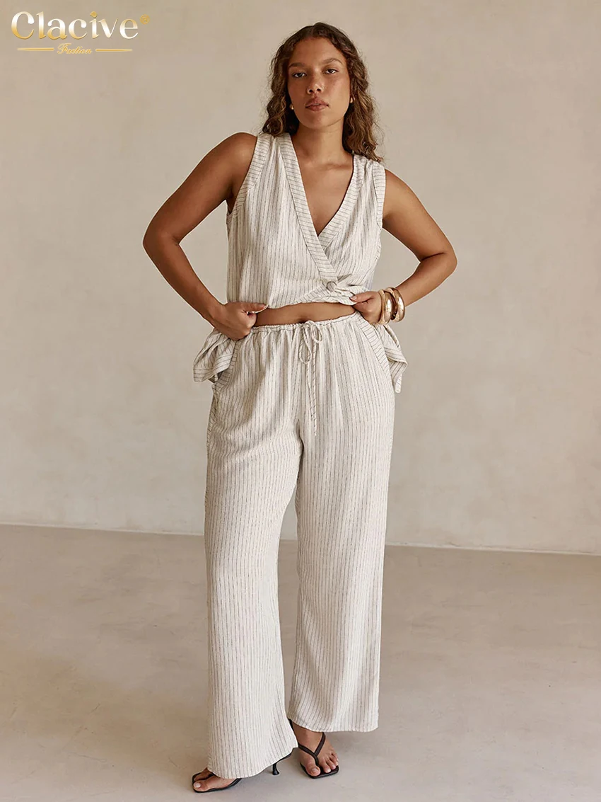 

Летний комплект Clacive: элегантный топ без рукавов и широкие брюки с высокой талией, 2 предмета, женский, 2026