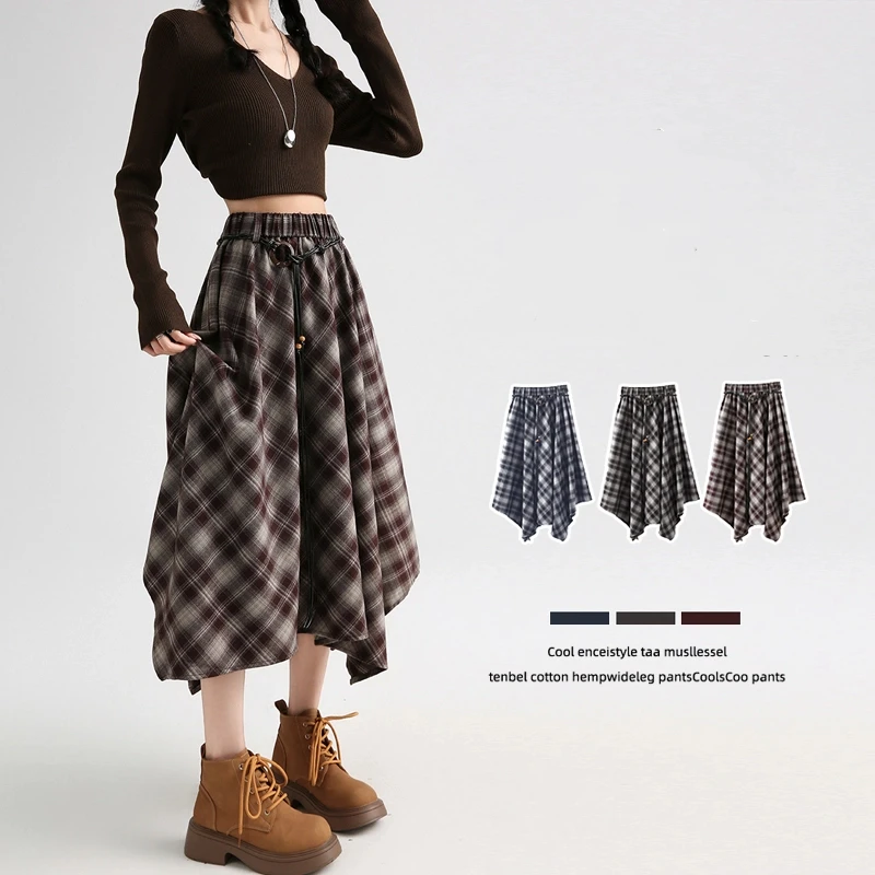 

2025 Autumn New Asymmetrical Women's Skirts Vintage Plaid Elastic Waist Lady Skirt Loose Plus Size Female Skirts Clothes KE3090