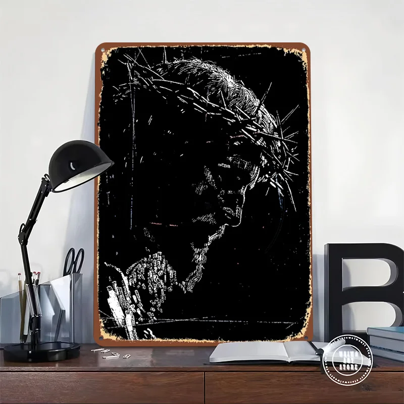 Jesus Christ With Crown of Thorns Poster Customized Wall Art Vintage Metal Signs Retro Tin Plaque for Man Cave Home Decoration