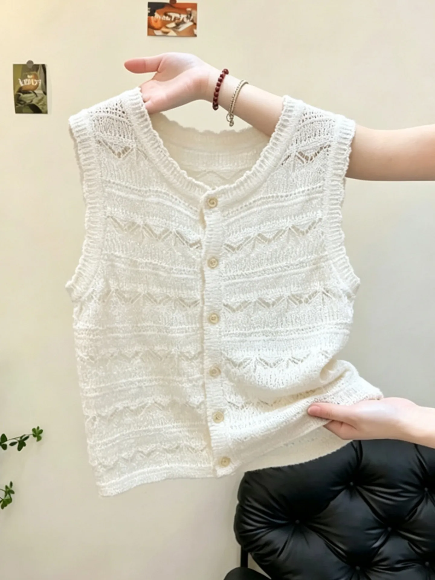 Women's Knitted Hollow out Lace Vest Summer Casual Loose Slimming Top City Walk Breathable H-Shape Backless Vest