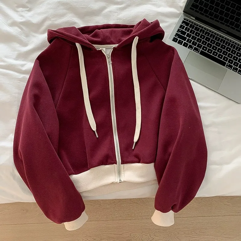 American-Style Red Zipper Hooded Sweatshirt for Spring and Autumn Women's New Style Slim-Fitting Drawstring Short-Sleeved Top