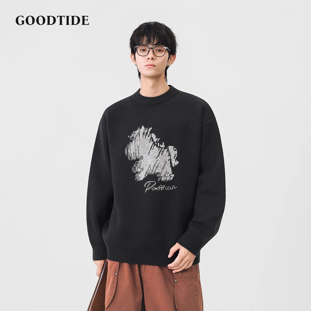 Fashion Men's Casual Crew Neck Sweater 2025 Winter New Abstract Pattern Letter Print Knitted Pullover Soft Long Sleeve Top