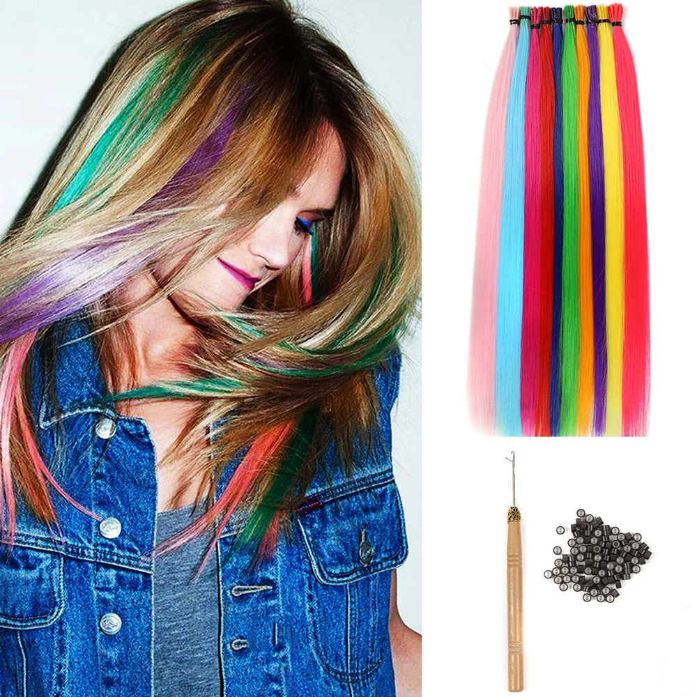 

Synthetic 100 Strands 20 Inch Party Colors I-Tip Fusion Hair Extensions Kit Straight Heat Resistant Highlight Feather Hairpieces