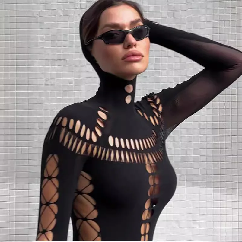 

Новинка 2026: Модный женский комбинезон из нейлона с высоким воротником, вырезами, длинными рукавами, облегающий, сексуальный, прямого кроя, тонкий, стандартный размер.