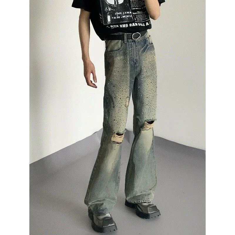 

Retro American Heavy Duty Rhinestone Hole Micro Flared Jeans Men Design Sense Straight Casual Long Pants