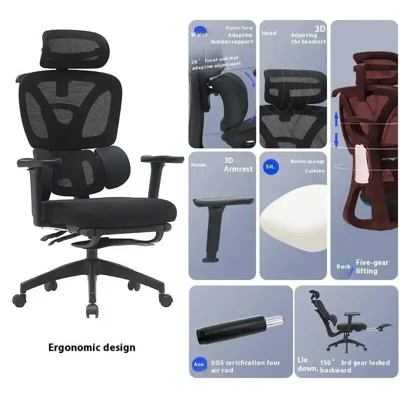 Cadeira de Escritório Ergonômica Ajustável de Alta Qualidade com Apoio de Cabeça e Apoio para os Pés Comercial, Suporte Lombar Confortável
