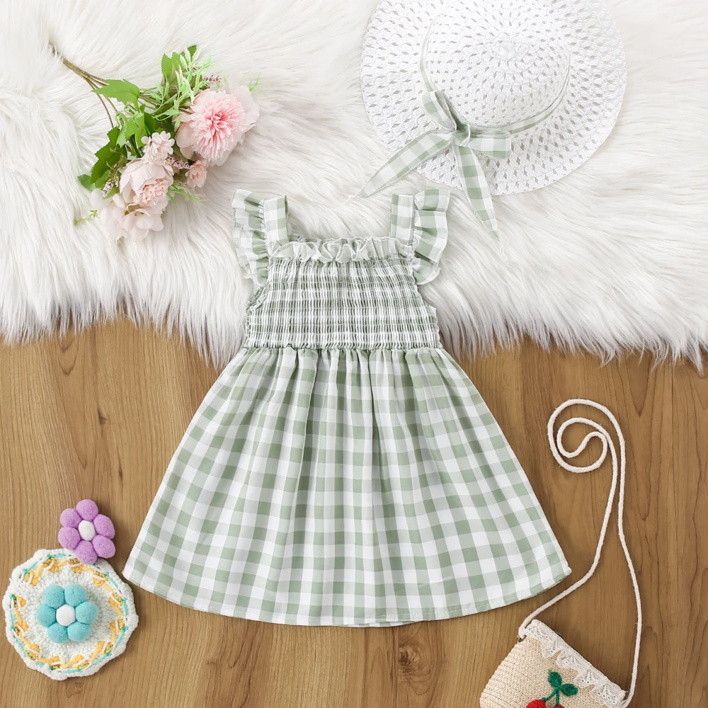 

Летнее платье для маленьких девочек, подарок, шляпа от солнца, милое клетчатое платье в корейском стиле, модное платье для отпуска, детская одежда для детей от 6 месяцев до 3 лет