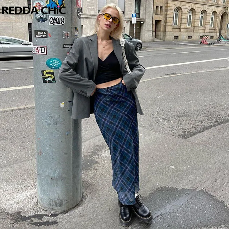 

REDDACHiC Classic Blue Plaid Women Maxi Skirt High Rise Slim Fit Fishtail Floor Long Skirt Vintage Female Bottoms Y2k Streetwear