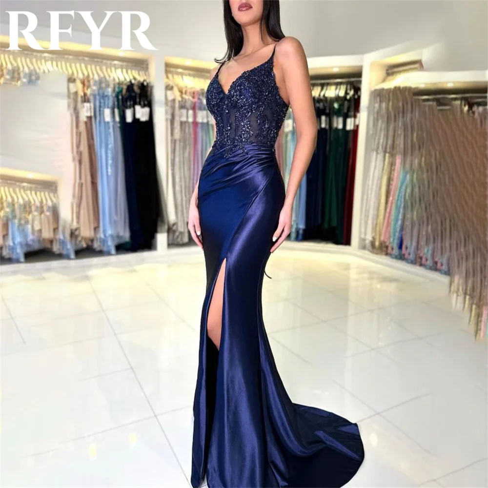 

RFYR Navy Blue Elegant Scoop Women Evening Dress Simple Sleeveless with Pleat Split Trumpet Prom Formal Gowns Dress Customized