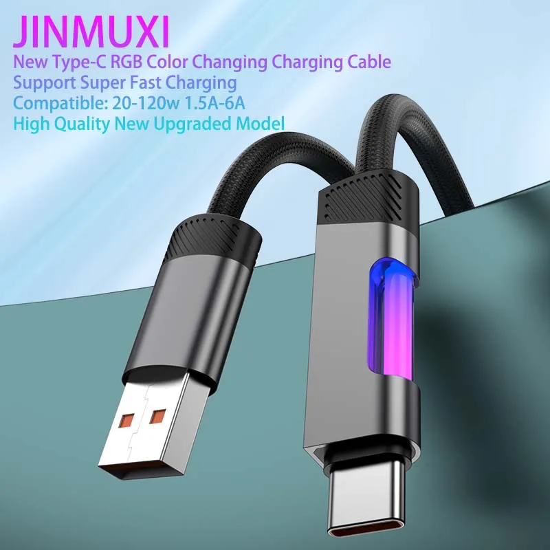 JINMUXI 20-120W USB Type C Cable RGB Color Changing Fast Charging Cable for Xiaomi Huawei Redmi OPPO OnePlus POCO Data Cable