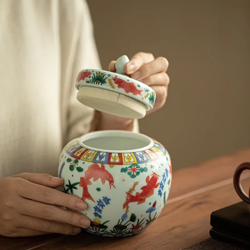 1PC Jingdezhen Fish and Algae Pattern Enamel Color Tea Pot Moisture-proof Sealed Ceramic Jar Apple Shape Ceramic TeaSet Ornament 3