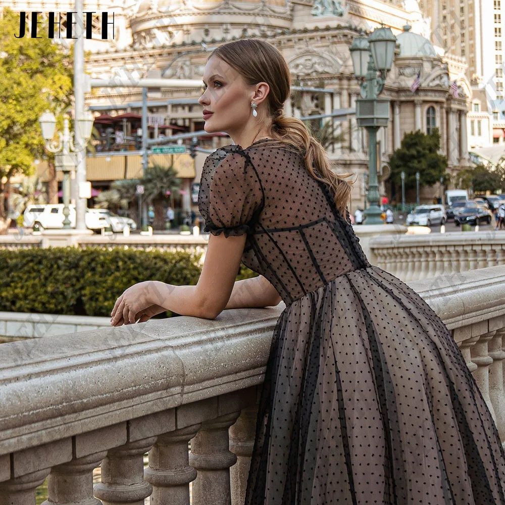 JEHETH O Neck Tulle Pastrol Prom Dress Polka Dot Mide A line Black Homecoming Party Gown Short Sleeve Prom Gowns Customized