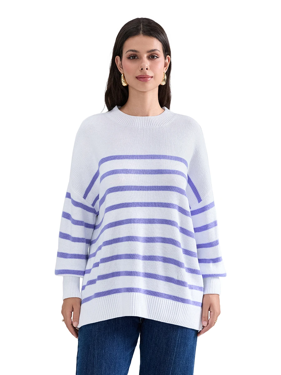 Women s Striped Sweater Drop Shoulder Long Sleeve Round Neck Slit Hem Loose Knitted Tops