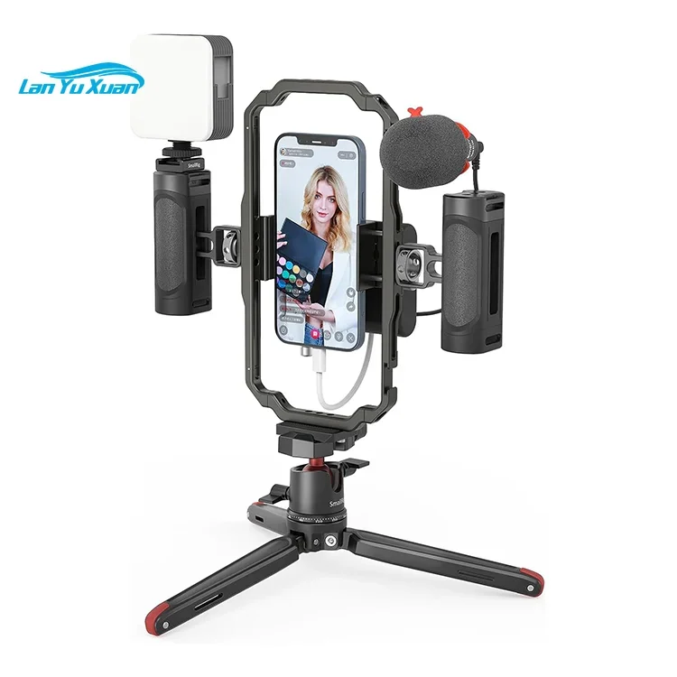 SmallRig Universal Video Kit for iPhone SmartPhone Vlogging and Live Streaming Cage Set with Microphone Light Tripod 3384B 3406B