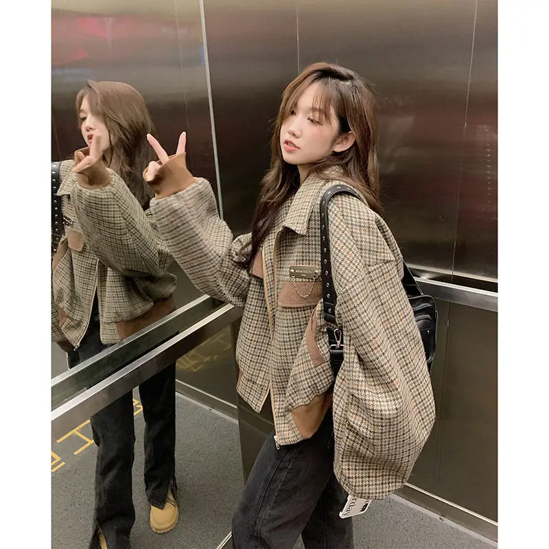 Vintage Houndstooth Coat Women Baseball Cropped Tops Zipper Patchwork Long Sleeve Jacket Plaid Short Winter Female Outwear